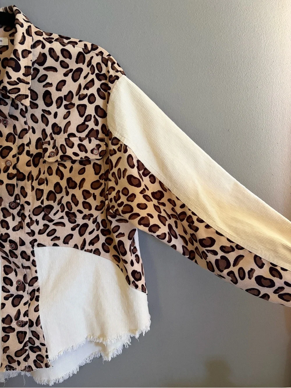 Umgee Leopard & Cream Patchwork Corduroy Shacket Raw Hem Oversized Western Boho - Picture 3 of 12